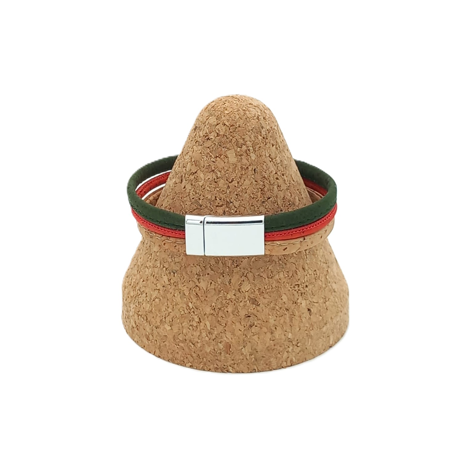 Buntes Korkarmband aus drei Schnüren – Beige, Rot, Grün