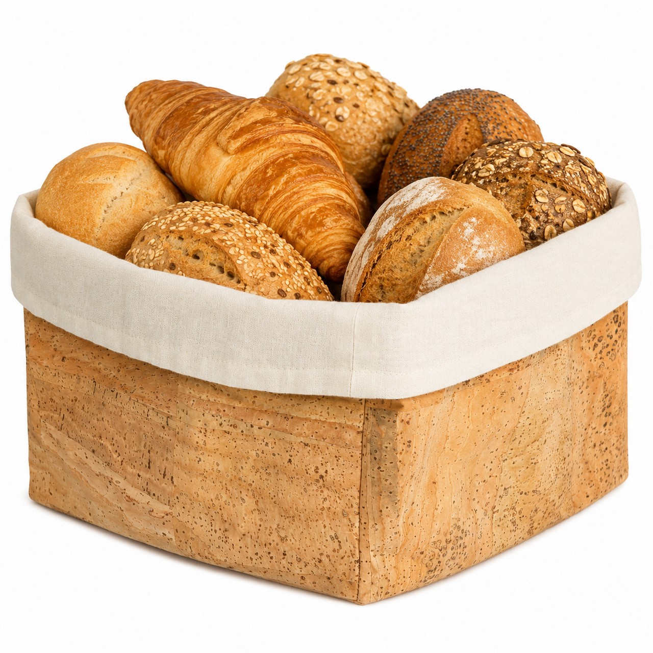 Brotkorb aus Korkstoff – 20 x 20 x 15 cm, mit Nesselstoff (innen)