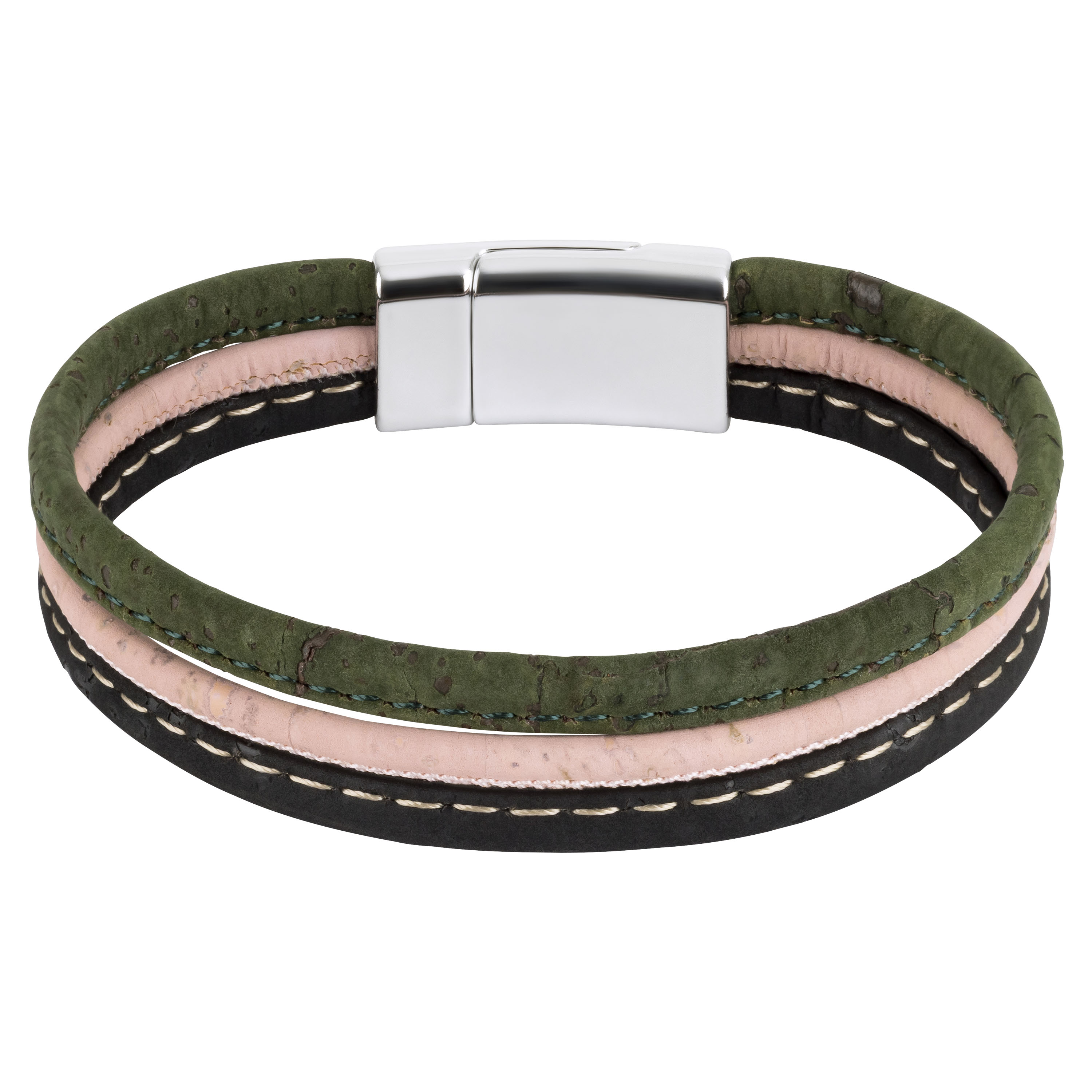Schlichtes Korkarmband aus drei Schnüren – Grün, Rosa, Schwarz