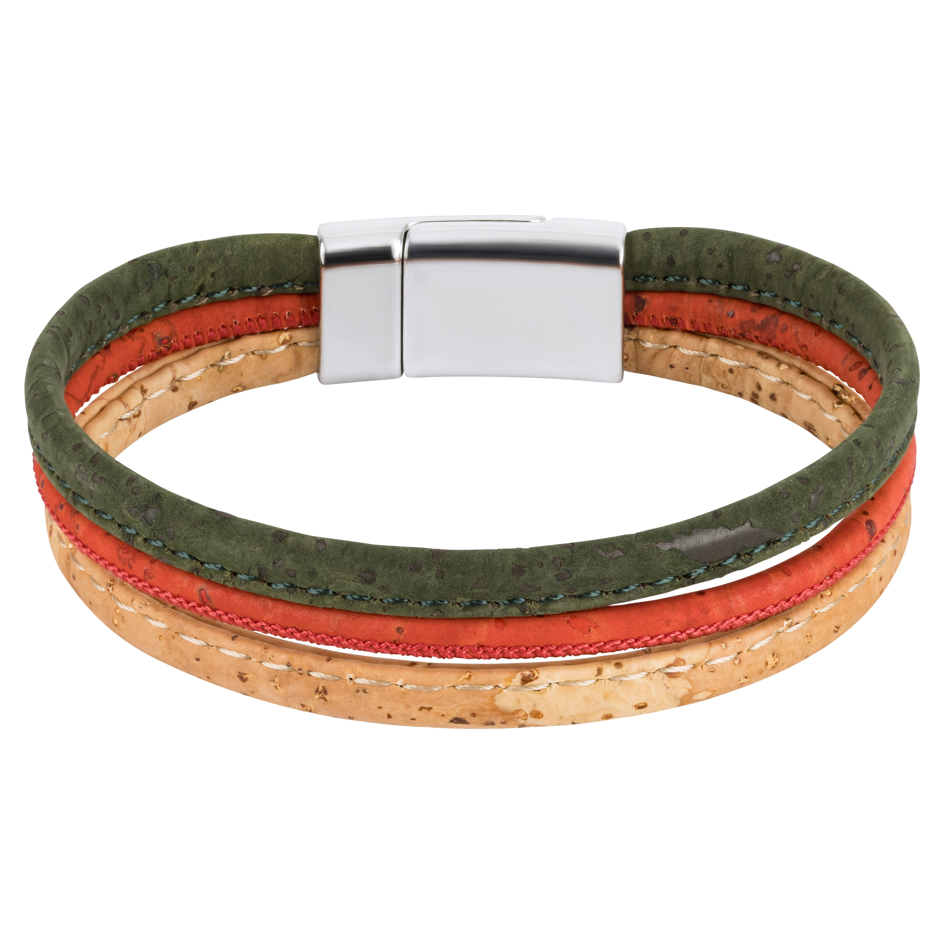 Buntes Korkarmband aus drei Schnüren – Beige, Rot, Grün